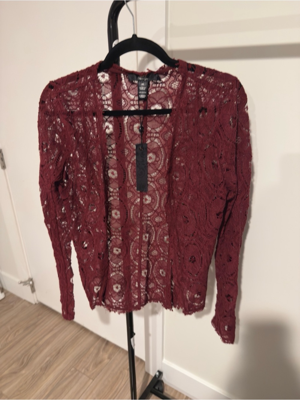 BKE Open-Front Lace Cardigan in Burgundy